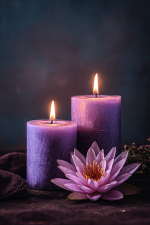 Two purple candles flicker gently beside a delicate pink lotus flower, set against a dark background that enhances the calming and tranquil ambiance of the moment.の素材