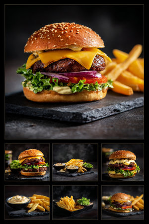 A gourmet cheeseburger featuring a beef patty, melted cheese, lettuce, and tomato sits on a slate plate alongside golden fries. The meal looks appetizing and fresh.の素材
