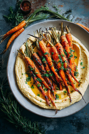 Freshly roasted carrots in various colors are beautifully arranged on a bed of creamy hummus, garnished with herbs for an appealing culinary experience.の素材
