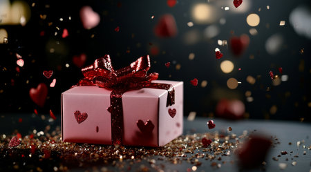 A beautifully wrapped gift box adorned with a red ribbon and glimmering decorations on a dark surface. Scattered heart-shaped confetti enhances the festive atmosphere.の素材