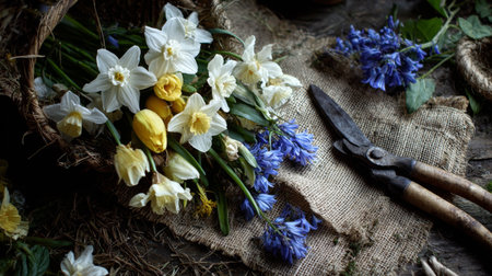 Vibrant yellow and white daffodils mix with bluebells in a woven basket resting on burlap. Metal scissors lie nearby, hinting at recent garden work.の素材