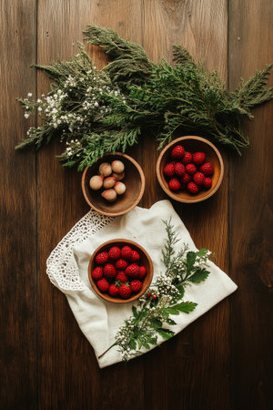 Ripe strawberries and lychees are arranged in wooden bowls on a rustic wooden table. Fresh greenery and lace add a decorative touch, enhancing the natural feel of the setting.の素材