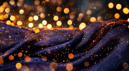 Soft purple fabric undulates, capturing the glow of golden lights that twinkle softly, creating a cozy and festive atmosphere suitable for celebrations or special occasions.の素材