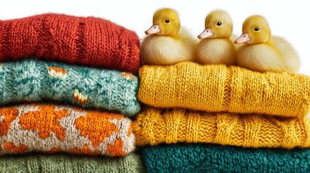 Three fluffy ducklings are playfully resting on top of vibrant knitted sweaters in various colors, creating a warm and inviting atmosphere.の素材