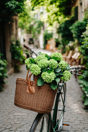 A bicycle rests in a charming alley, adorned with a basket filled with vibrant green hydrangeas. The surrounding foliage creates a tranquil urban oasis, perfect for leisurely strolls.の素材