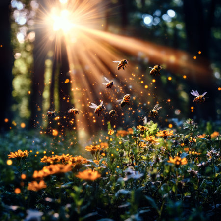 Sunlight filters through trees in a forest, illuminating bees as they fly around vibrant flowers, showing natures beauty and the importance of pollination in the morning.の素材