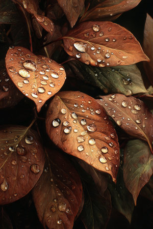 Autumn leaves with droplets of water adorn a forest floor, reflecting the tranquility of a peaceful morning after rainfall. Natures beauty is showcased in every detail.の素材