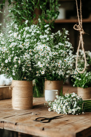 Freshly cut flowers are placed neatly in jars, showcasing a vibrant display of white blooms in a cozy workshop setting. Tools and greenery add to the charming atmosphere.の素材