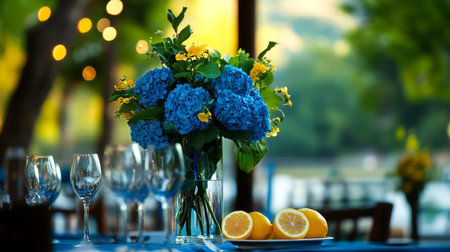A beautifully arranged table features a vibrant bouquet of blue hydrangeas and yellow flowers alongside fresh lemons. The setting is bright and inviting, perfect for a lovely meal.の素材