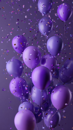 A vibrant display of purple balloons floats amidst a shower of colorful confetti, creating a joyful and festive atmosphere perfect for parties and celebrations.の素材