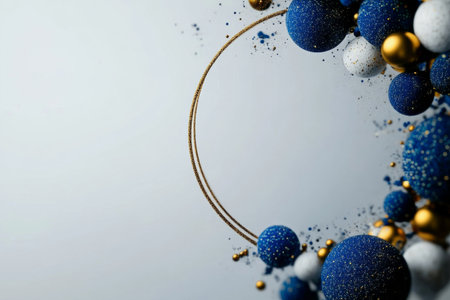 Colorful spheres in blue, white, and gold float around a circular ring in a minimalist art design. The background is a soft gray, enhancing the visual appeal of the work.の素材