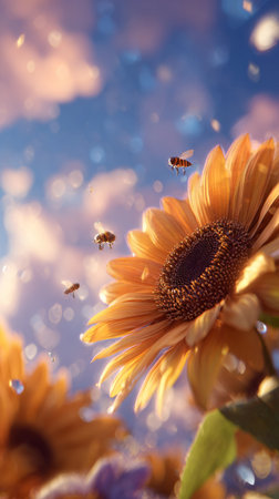 Sunflowers stand tall with their bright yellow petals illuminated by the setting sun. Bees hover around, collecting nectar and pollinating as the sky glows with warm colors.の素材