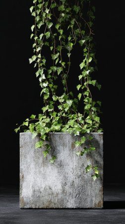 A lush ivy plant trails down from a textured concrete planter, adding a touch of greenery to a minimalist setting with a dark backdrop.の素材