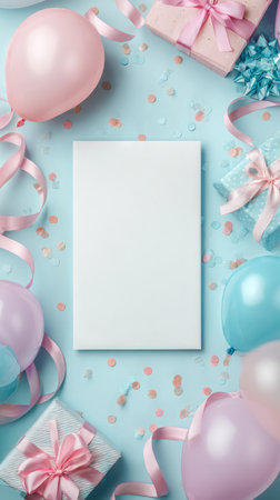 A vibrant setup features pastel balloons, wrapped gifts, and confetti arranged on a blue surface, creating a festive atmosphere perfect for a birthday celebration.の素材