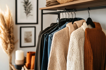 Soft sweaters in warm tones are hung on a rack against a backdrop of stylish wall art and decorative accents, creating a cozy atmosphere perfect for autumn.の素材