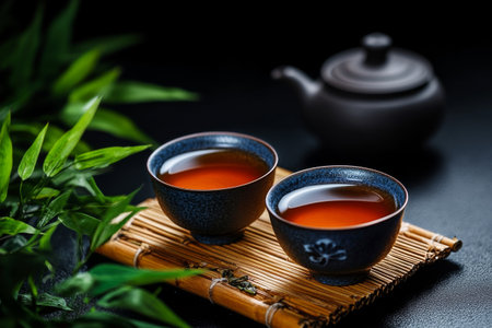 Two cups of steaming tea rest on a bamboo mat, accompanied by a traditional teapot and fresh green leaves, creating a tranquil atmosphere perfect for relaxation.の素材