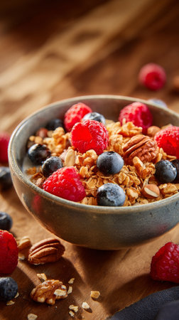 A bowl filled with creamy yogurt, crunchy granola, almonds, and vibrant berries arranged beautifully on a rustic table. Perfect for a nutritious breakfast or snack.の素材
