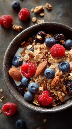 A bowl filled with creamy yogurt, crunchy granola, almonds, and vibrant berries arranged beautifully on a rustic table. Perfect for a nutritious breakfast or snack.の素材