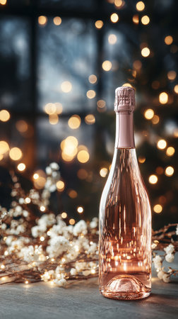 A beautifully presented sparkling rose wine bottle stands out, with two blurred glasses in the background, illuminated by twinkling lights, adding a festive touch.の素材