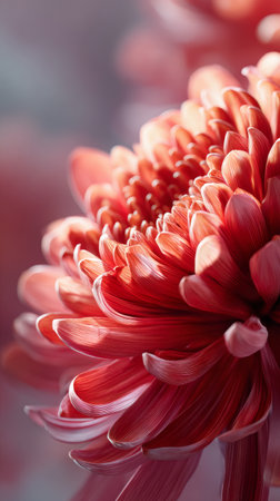 A vibrant red chrysanthemum unfolds its petals, revealing intricate textures and patterns under gentle spring sunlight. The background features soft hues that enhance its beauty.の素材