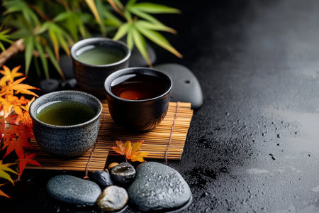 Two cups of steaming tea rest on a bamboo mat, accompanied by a traditional teapot and fresh green leaves, creating a tranquil atmosphere perfect for relaxation.の素材