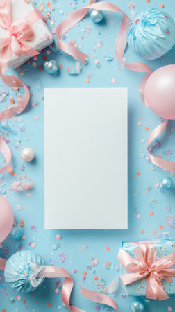 A bright blue background features assorted gifts wrapped in pastel colors, festive balloons, and scattered confetti, creating a joyful atmosphere perfect for a special occasion.の素材