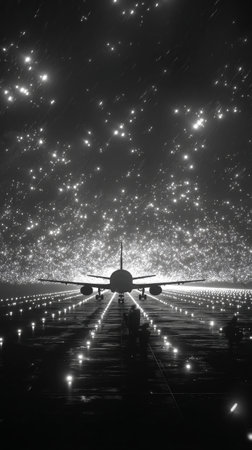 An airplane is positioned on a runway, surrounded by numerous bright lights that create a stunning night backdrop. The scene captures the excitement of air travel.の素材