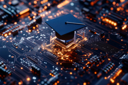 A graduation cap sits atop a microchip circuit board, illuminated with bright, glowing pathways, representing the fusion of technology and education in a modern learning environment.の素材