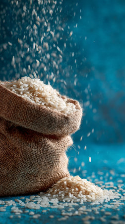 A burlap sack filled with rice is tipped over, with grains spilling onto a textured blue surface. The cozy kitchen atmosphere highlights the simplicity of everyday life.の素材