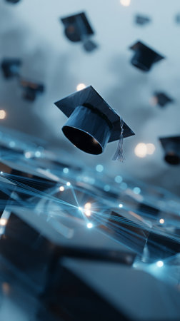 Graduates throw their caps into the air in celebration at a graduation ceremony, surrounded by a modern, illuminated environment. The joyful atmosphere highlights achievement.の素材
