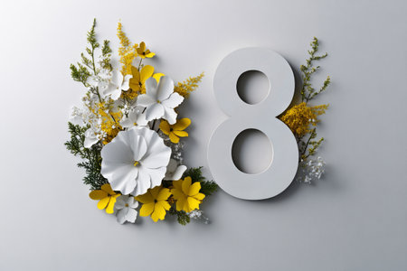 A creative display showcases the number eight adorned with white and yellow flowers against a plain background. Lush greenery enhances the arrangements charm.の素材