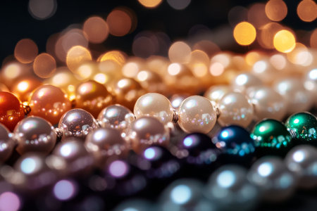 Brightly colored pearls are meticulously arranged on a table, showcasing their unique hues and luster during a jewelry making workshop at sunset.の素材