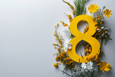 A vibrant yellow number eight is creatively arranged with various flowers, including daisies and white blooms, set against a neutral background, celebrating an event or milestone.の素材