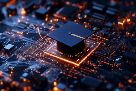A graduation cap rests on a glowing circuit board, representing the intersection of education and technology in a modern context. The vibrant lights highlight innovation and learning.の素材