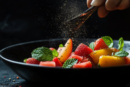A hand sprinkles spices over a vibrant fruit salad made with watermelon, cantaloupe, and mint leaves, creating a colorful dish on a black plate.の素材