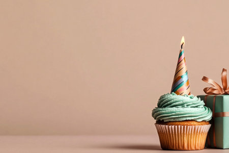 A beautifully decorated cupcake with candles stands next to two neatly wrapped gifts, perfect for a birthday celebration. The warm colors create a festive atmosphere.の素材