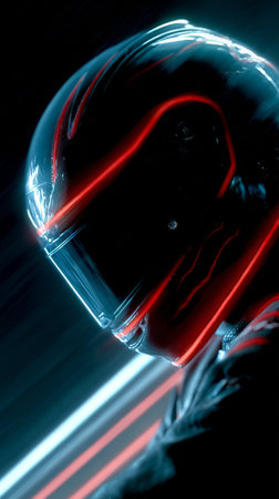 A racer in a reflective helmet, outlined by neon lights, stands in a thrilling atmosphere, suggesting speed and excitement. The background hints at motion and energy in racing.の素材
