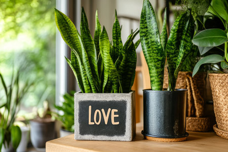 Two vibrant indoor plants in stylish pots create a lively atmosphere in a cozy living space filled with natural light and wood accents.の素材