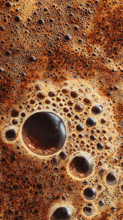 Close-up view of rich coffee foam featuring intricate bubbles, highlighting the texture of freshly brewed coffee in a cozy morning setting.の素材