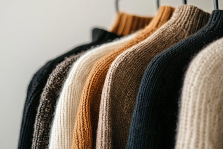 Knitted sweaters in multiple colors hang on display, showcasing textures and patterns under natural light in a cozy indoor environment.の素材