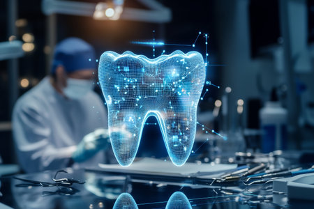 A glowing digital tooth model displays intricate networks while a dental professional works on advanced equipment in a state-of-the-art laboratory.の素材