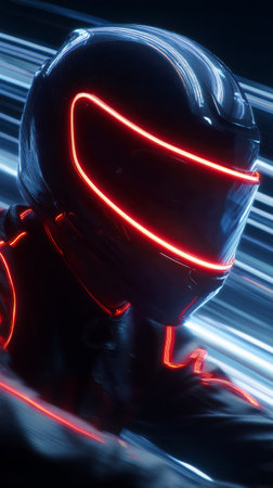 A rider in a sleek black helmet with vibrant neon accents is captured in a moving pose. Light trails swirl around, emphasizing speed and technology in a futuristic environment.の素材