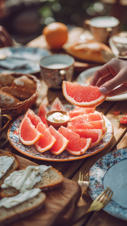 A hand reaches for a slice of grapefruit from a colorful platter, surrounded by bread, spreads, and warm drinks at a casual brunch gathering.の素材