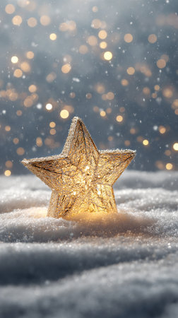 A glowing star decoration sits on fresh snow, surrounded by a dreamy backdrop of soft bokeh lights, creating a serene winter atmosphere during a festive celebration.の素材