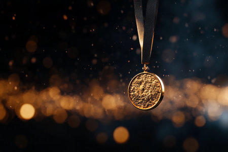 A gold medal dangles against a backdrop of shimmering light particles, symbolizing achievement, victory, and dedication in sports.の素材