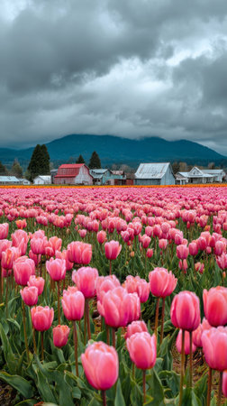 A vast field of pink tulips stretches across the landscape, showing vibrant blooms with mountains and rustic buildings in the background, all under an overcast sky during springtime.の素材