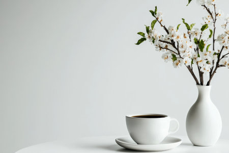 A white coffee cup rests on a saucer beside a vase filled with blooming cherry blossoms. The setting features a minimalist design with soft, natural light enhancing the scene.の素材