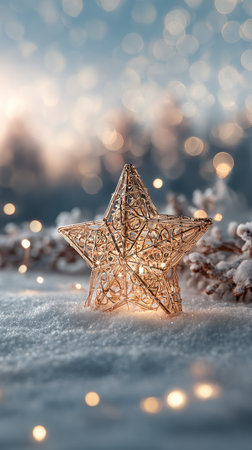 A golden star ornament shines brightly against a snowy background, surrounded by soft bokeh lights, creating a serene winter atmosphere full of holiday cheer.の素材