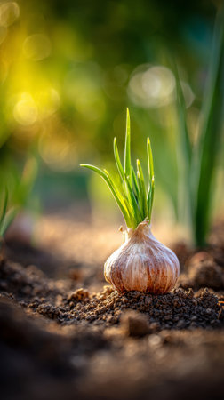 A garlic bulb with vibrant green sprouts emerges from dark soil, basking in sunlight. This scene captures the essence of growth and renewal in a garden setting.の素材