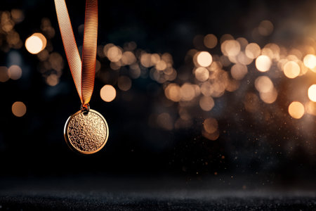 A gold medal dangles against a backdrop of shimmering light particles, symbolizing achievement, victory, and dedication in sports.の素材